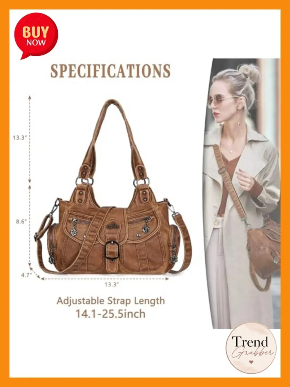 Vegan Leather Hobo Tote Bag with Crossbody Strap